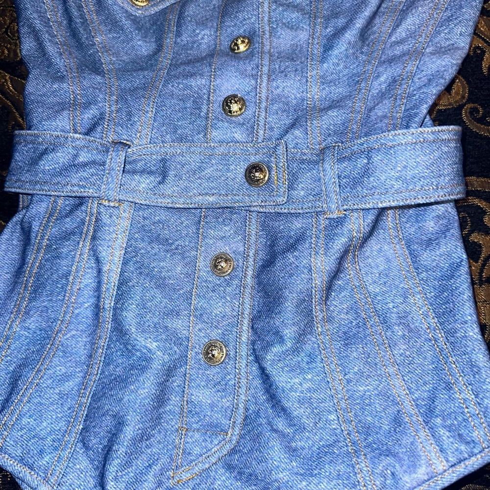 Balmain Blue Denim-Print Bandeau One-Piece Swimsuit - Picture 5 of 16